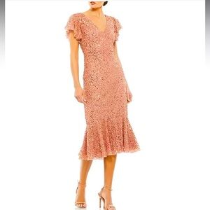 Mac Duggal - Rose Gold Sequined V-Neck Flutter Cap Sleeve Trumpet Dress mermaid